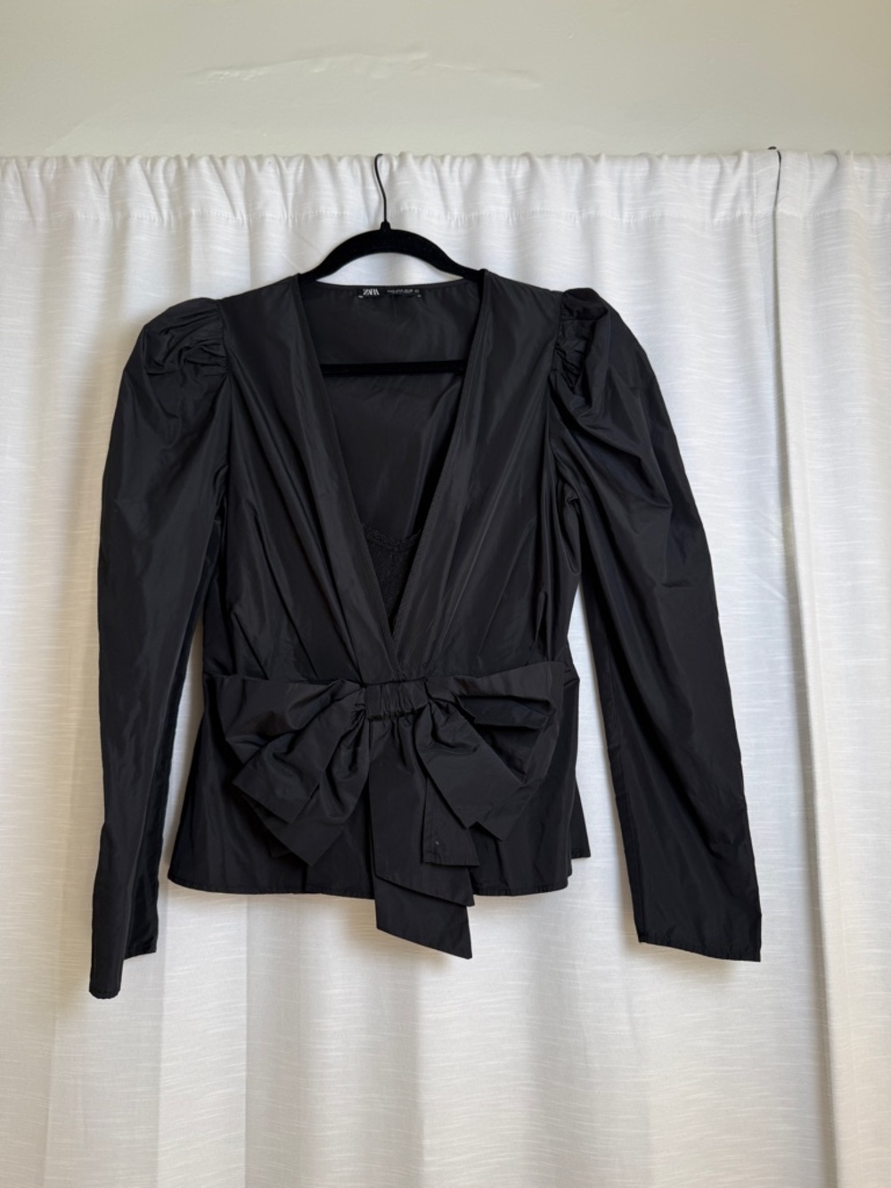 Zara Black Structured Bow Peplum Top Puff Sleeve Deep V Blouse Dressy | Size S - Picture 4 of 11